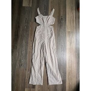 Dee Elly Jumpsuit Women Small Tan White Striped Cutout Waist Wide Leg Sleeveless